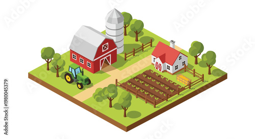 3D isometric view flat style illustration of agricultural farm with barn, crops and tractor, rural countryside farming and food production environment
