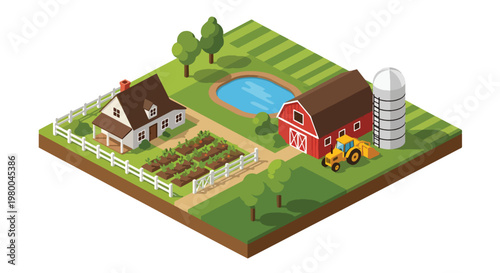 3D isometric view flat style illustration of agricultural farm with barn, crops and tractor, rural countryside farming and food production environment