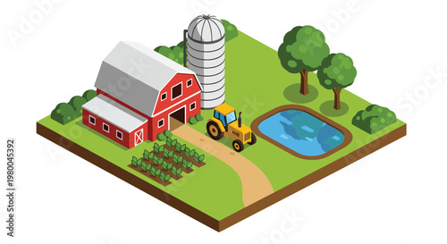 3D isometric view flat style illustration of agricultural farm with barn, crops and tractor, rural countryside farming and food production environment