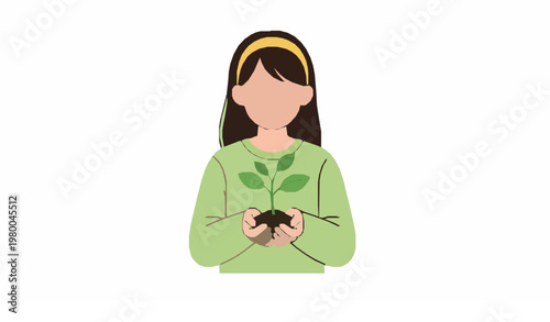 Eco Friendly Girl Holding Green Plant in Hand Nature Conservation Flat Vector Illustration Isolated on White Background