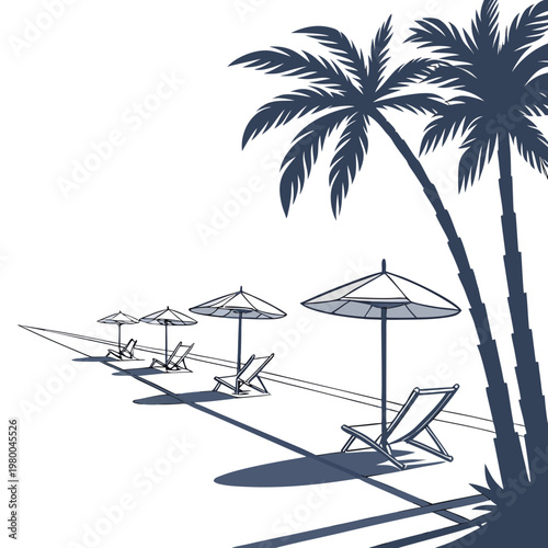 A serene beach scene with palm trees and lounge chairs on a for a relaxing summer vacation feel