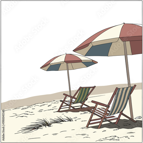 Beach scene with two colorful striped deck chairs and umbrellas on sandy shore