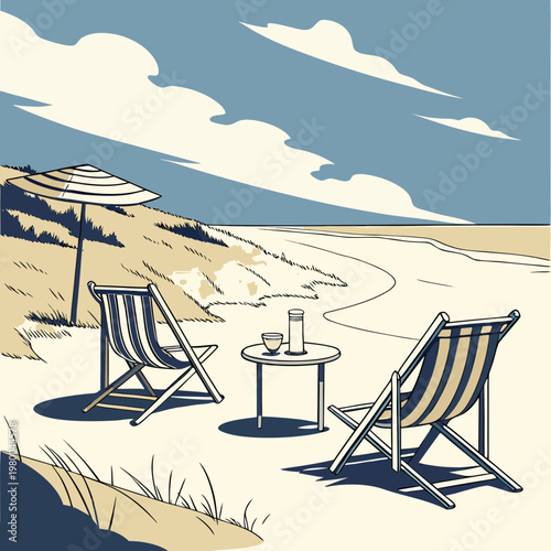 Illustration of a serene beach scene with two deck chairs and a table on sandy shore by the sea
