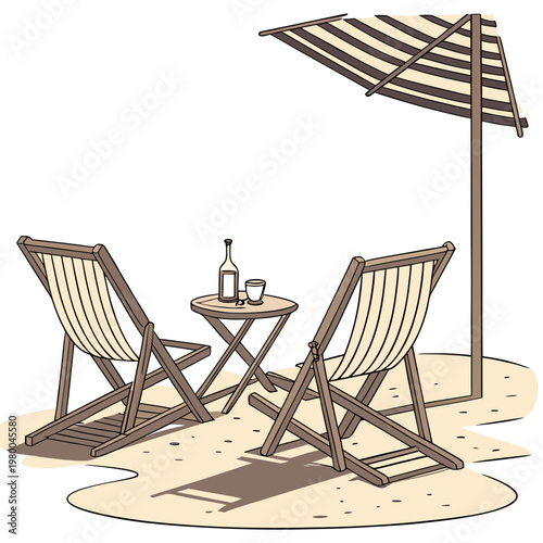 Beach scene with two deck chairs, table, and umbrella on sandy shore