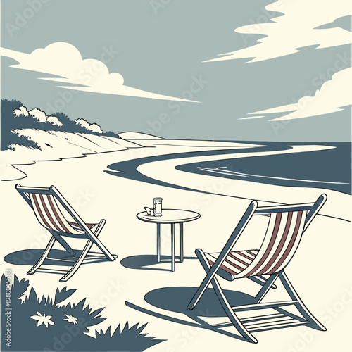 Illustration of two deck chairs and a table on a beach by a winding river or stream with hills and clouds in the background