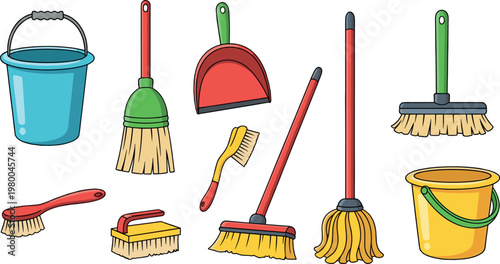 Colorful household cleaning tools set including broom mop bucket brush dustpan vector illustration isolated on white background