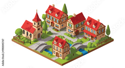 3D isometric view flat style illustration of peaceful european village small town with church, houses and river, quiet rural community environment