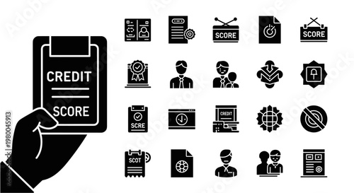 Hand holding clipboard with credit score report and financial icons