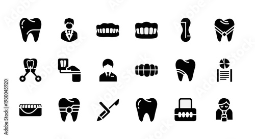 Collection of dental icons representing teeth, dentists, and dental tools