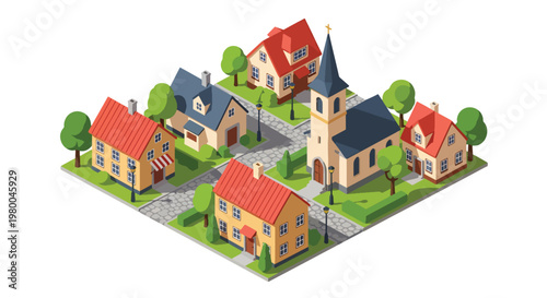 3D isometric view flat style illustration of peaceful european village small town with church, houses and river, quiet rural community environment