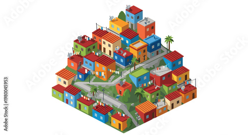 3D isometric view flat style illustration of favela dense urban slum housing with crowded buildings and infrastructure, social and economic city concept