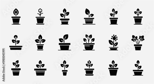 Collection of potted plant icons showing growth stages and different species