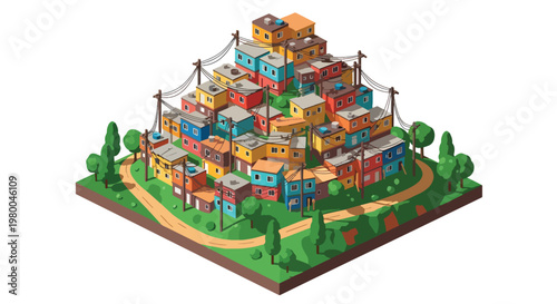 3D isometric view flat style illustration of favela dense urban slum housing with crowded buildings and infrastructure, social and economic city concept