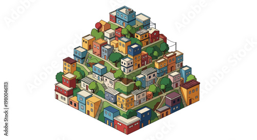 3D isometric view flat style illustration of favela dense urban slum housing with crowded buildings and infrastructure, social and economic city concept