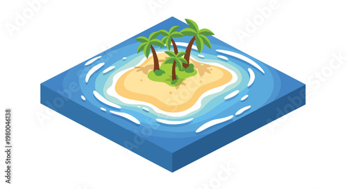 3D isometric view flat style illustration of tropical island with palm trees, beach and ocean water, relaxing summer travel destination