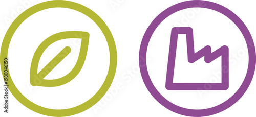 Green leaf and purple factory icons representing the balance between environmental nature conservation and industrial manufacturing