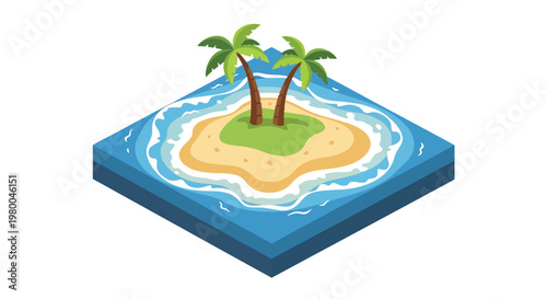 3D isometric view flat style illustration of tropical island with palm trees, beach and ocean water, relaxing summer travel destination