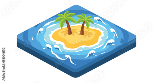 3D isometric view flat style illustration of tropical island with palm trees, beach and ocean water, relaxing summer travel destination