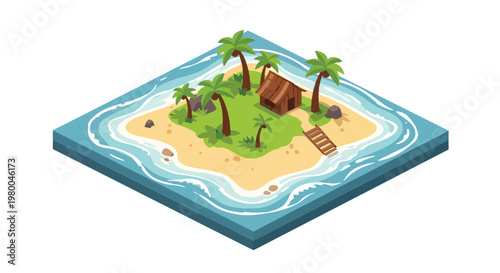 3D isometric view flat style illustration of tropical island with palm trees, beach and ocean water, relaxing summer travel destination
