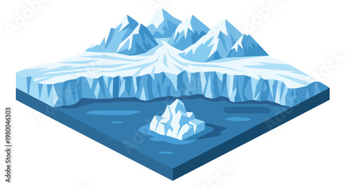 3D isometric view flat style illustration of icy glacier mountains with frozen river, cold climate natural landscape environment