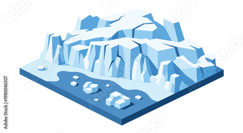 3D isometric view flat style illustration of icy glacier mountains with frozen river, cold climate natural landscape environment