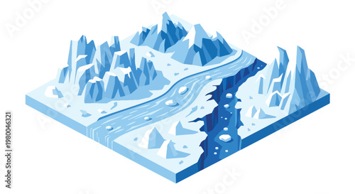 3D isometric view flat style illustration of icy glacier mountains with frozen river, cold climate natural landscape environment