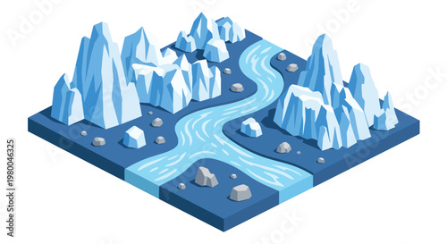 3D isometric view flat style illustration of icy glacier mountains with frozen river, cold climate natural landscape environment