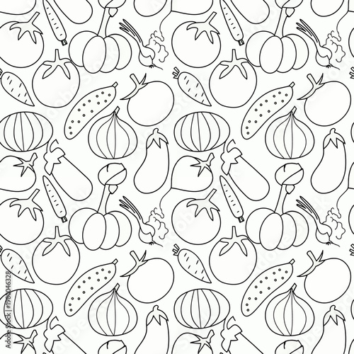  Patrón sin costuras con verduras en líneas finas sobre fondo claro.
