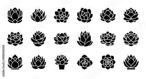 Collection of stylized black succulent plant icons on a white background