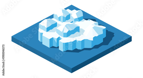 3D isometric view flat style illustration of icy glacier mountains with frozen river, cold climate natural landscape environment