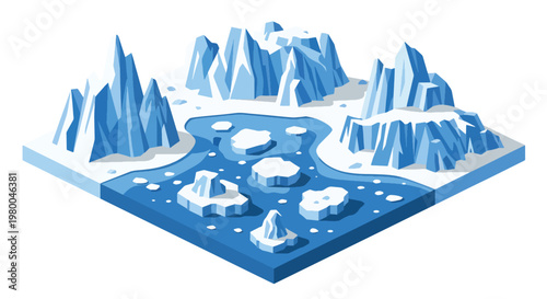 3D isometric view flat style illustration of icy glacier mountains with frozen river, cold climate natural landscape environment