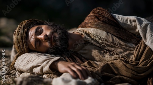 A symbolic biblical scene of Ezekiel lying on his side as a prophetic sign, expressing endurance, obedience, and the burden of divine message.
