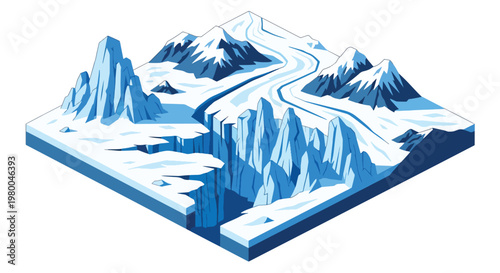 3D isometric view flat style illustration of icy glacier mountains with frozen river, cold climate natural landscape environment