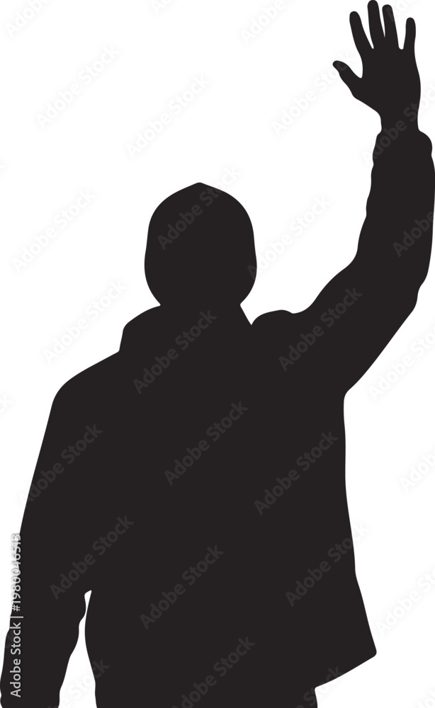 Fototapeta premium Silhouette of a person waving with raised hand white background silhouette greeting isolated communication friendly