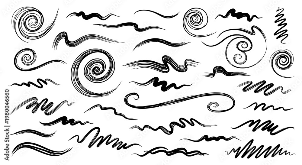 Fototapeta premium Scribble wave doodle pattern with curly swirls and wavy line textures for creative graphic backgrounds