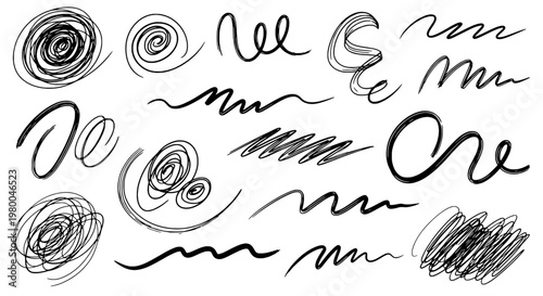 Doodles hand drawn set with black scribbles and swirls featuring sketch, art, creative with doodle art and abstract elements for scribble, line art