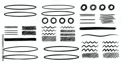 Collection of hand-drawn graphic elements including ovals, scribbles, lines, and wavy patterns for design