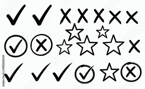 Hand-drawn checkmarks, crosses, stars, and circles icons on white background, perfect for marking decisions, surveys, or checklists