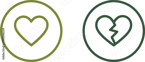 Green icons showing a complete heart and a broken heart representing love and painful emotions