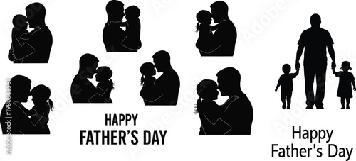 Happy father's day silhouette collection celebrating family bonds and parental love in black and white