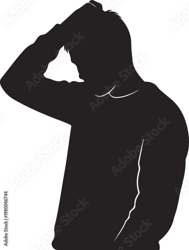 Silhouette of a man touching his forehead in frustration with white background silhouette frustration headache