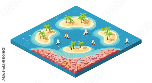 3D isometric view flat style illustration of Maldives atols tropical island resort with wooden villas over water, boats, and palm trees, representing luxury travel destination and beach tourism