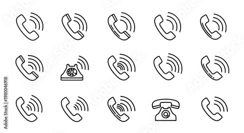 Phones set with various designs and signal icons in line art style featuring wireless, communication, technology with devices and vintage elements
