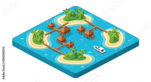 3D isometric view flat style illustration of Maldives atols tropical island resort with wooden villas over water, boats, and palm trees, representing luxury travel destination and beach tourism