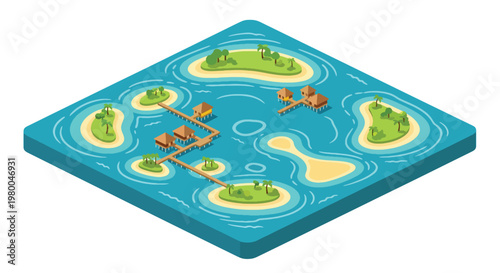 3D isometric view flat style illustration of Maldives atols tropical island resort with wooden villas over water, boats, and palm trees, representing luxury travel destination and beach tourism