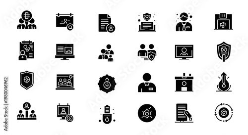 Collection of business and technology icons representing teamwork, security, and data analysis