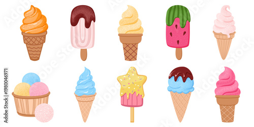 Fruits ice cream set. Waffle cones, chocolate glazed, vanilla and berries flavors. Summer banner.