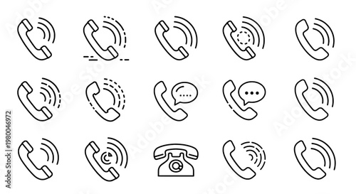 Phones icon set with various communication symbols and signals featuring icons, line art, vector with black and white and simple elements for modern,