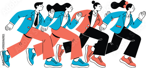 Group of business people in suits running fast forward in a flat illustration style