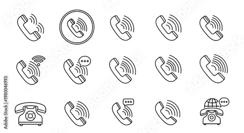 Phones icon set with various communication symbols and signals featuring icons, telephones, handset with vintage and modern elements for wireless,
